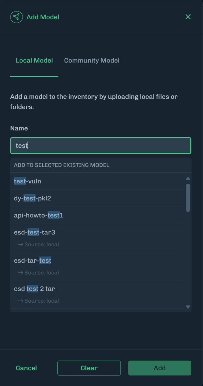 Add Existing Model Enter Model Name