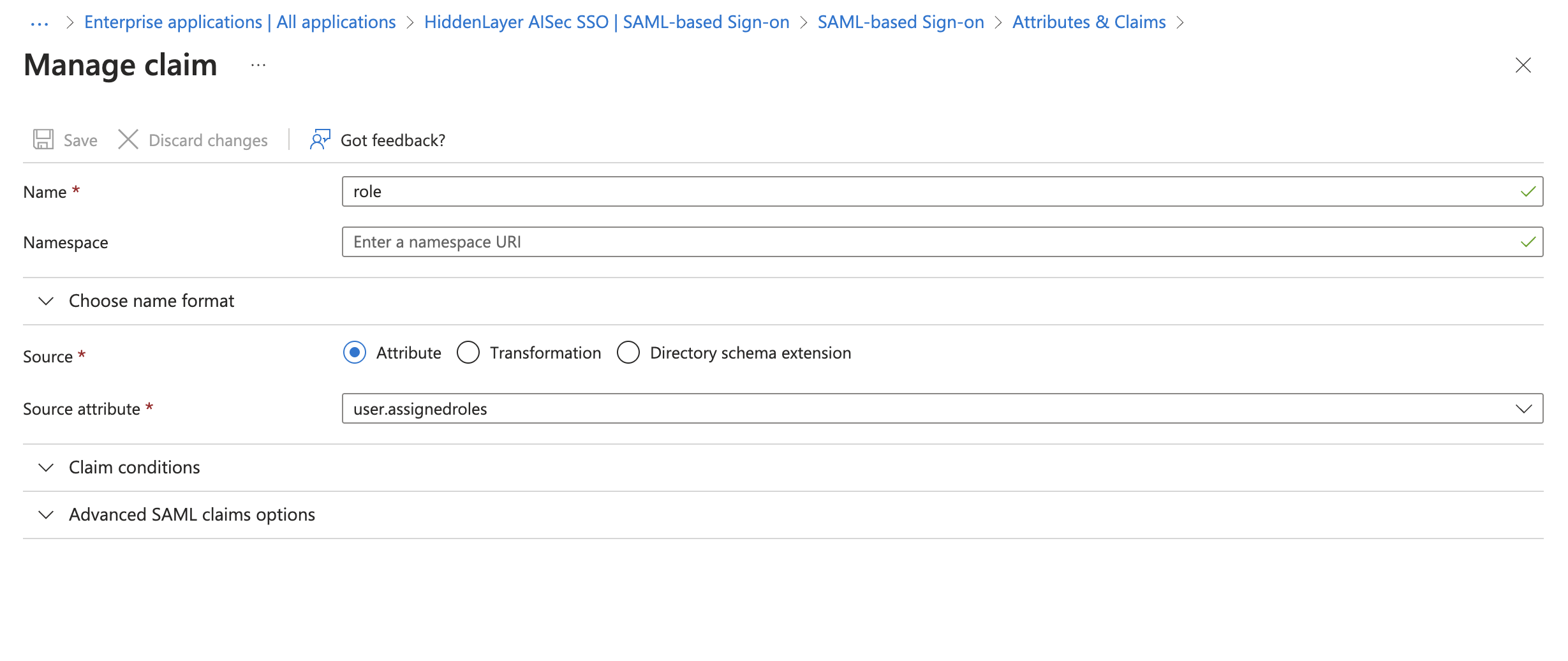 SAML Settings - Attribute Claims