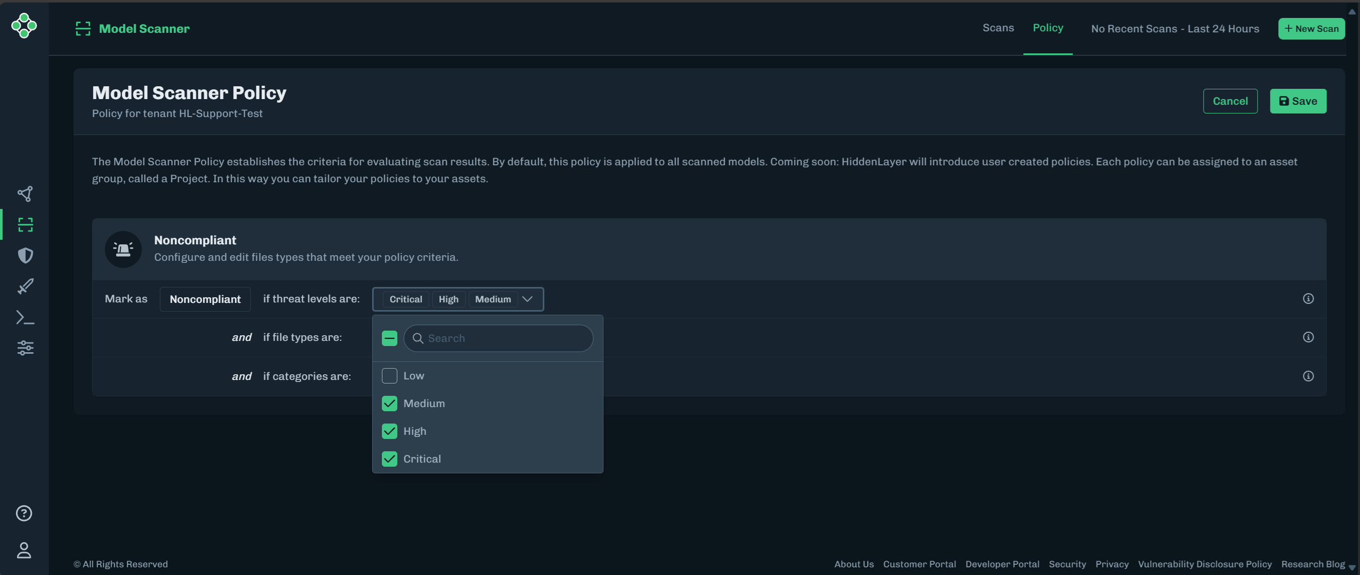 Edit threat levels in a model scan policy